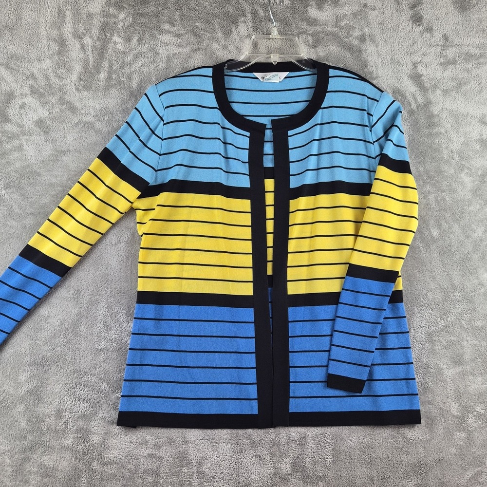 Exclusively Misook Sweater Cardigan Large Blue Yellow Black Striped Colorblock